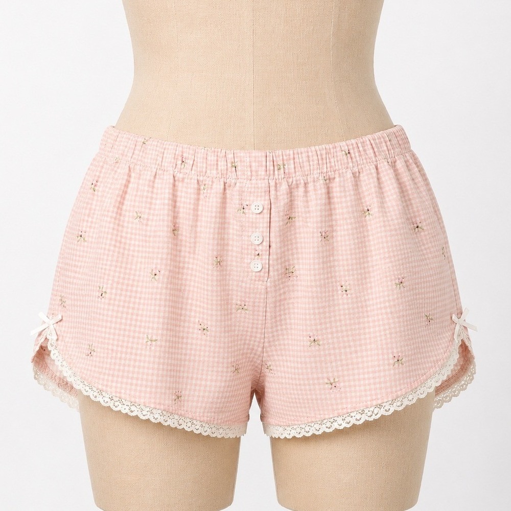 Floral Fairy Lace Gingham Sleep Shorts Size L Pink Elastic Waist Cottagecore Y2K